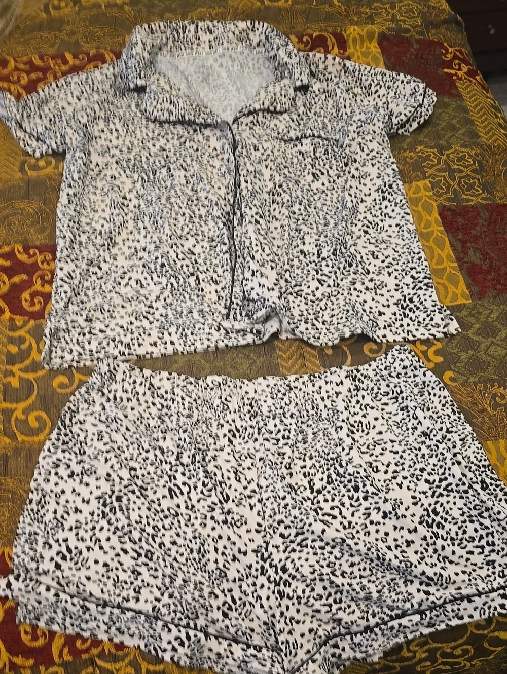 Nine West Short-Sleeve Button Pajama Set in Black & White Animal Print
